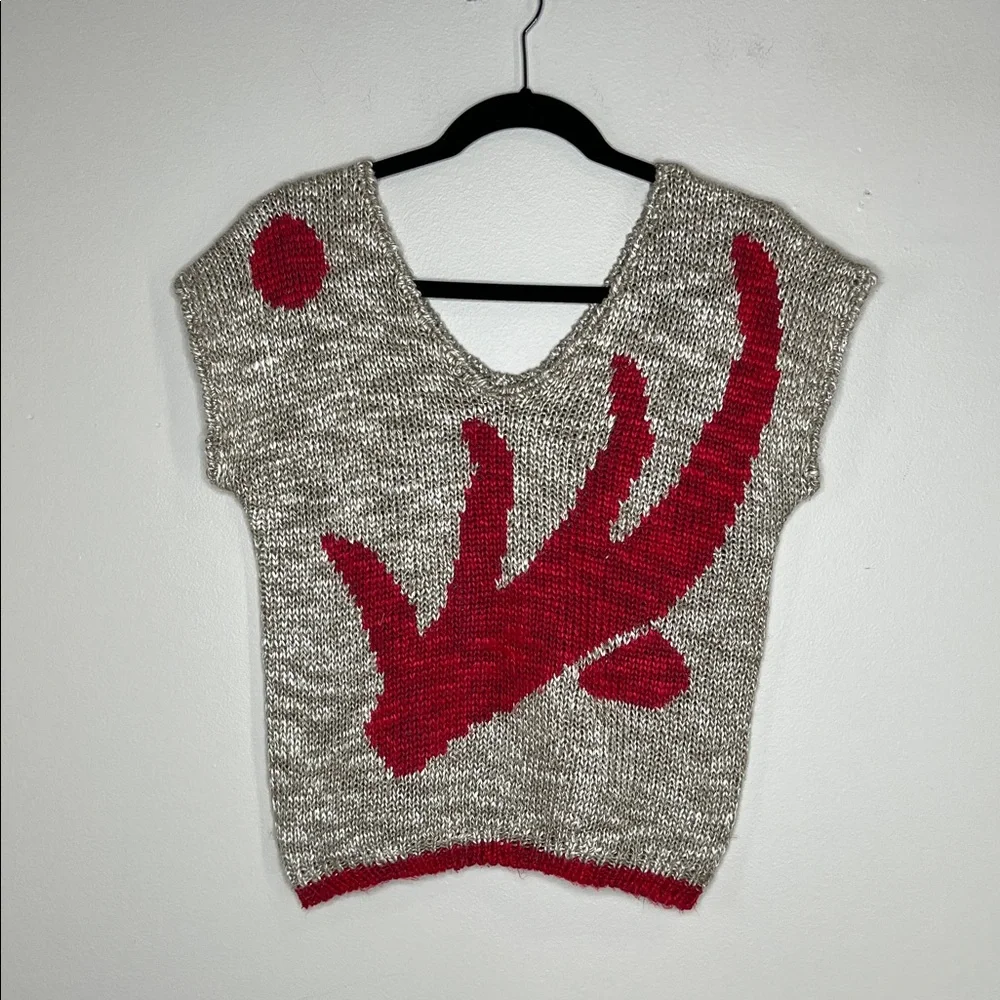 Vintage David Brett Linen Blend Tan and Red Double V Neck Sweater Top size M